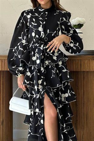 Uzun Kollu Volanlı Kendinden Desenli Kadın Elbise - Siyah/Bej