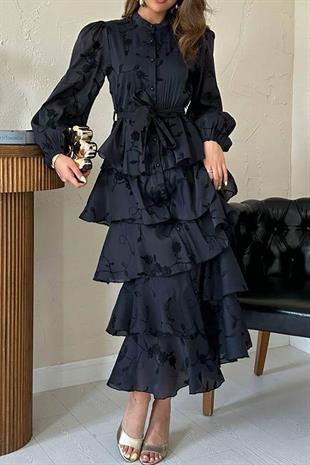 Uzun Kollu Volanlı Kendinden Desenli Kadın Elbise - Siyah