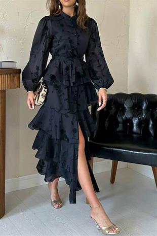 Uzun Kollu Volanlı Kendinden Desenli Kadın Elbise - Siyah