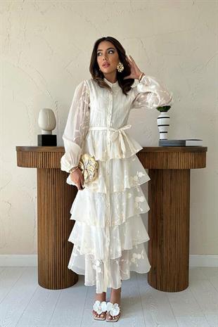 Uzun Kollu Volanlı Kendinden Desenli Kadın Elbise - Bej