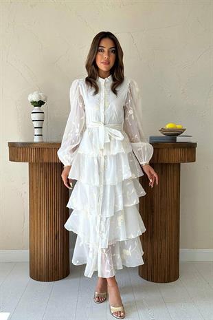 Uzun Kollu Volanlı Kendinden Desenli Kadın Elbise - Beyaz