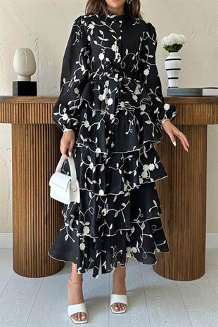 Uzun Kollu Volanlı Kendinden Desenli Kadın Elbise - Siyah/Bej