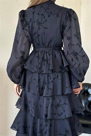 Uzun Kollu Volanlı Kendinden Desenli Kadın Elbise - Siyah