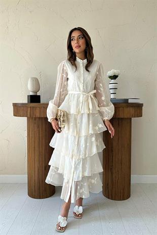 Uzun Kollu Volanlı Kendinden Desenli Kadın Elbise - Bej