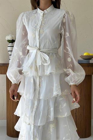 Uzun Kollu Volanlı Kendinden Desenli Kadın Elbise - Beyaz