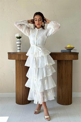 Uzun Kollu Volanlı Kendinden Desenli Kadın Elbise - Beyaz