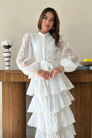 Uzun Kollu Volanlı Kendinden Desenli Kadın Elbise - Beyaz