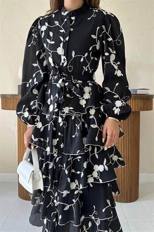 Uzun Kollu Volanlı Kendinden Desenli Kadın Elbise - Siyah/Bej