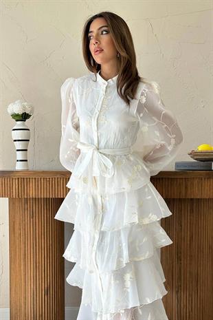 Uzun Kollu Volanlı Kendinden Desenli Kadın Elbise - Beyaz