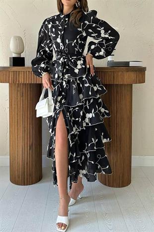 Uzun Kollu Volanlı Kendinden Desenli Kadın Elbise - Siyah/Bej