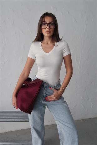 V Yaka Basic Kadın Bluz - Beyaz