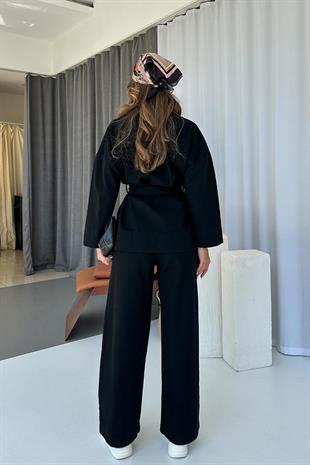 V Yaka Beli Kuşaklı Kot Kadın Gömlek & Pantolon Takım - Siyah