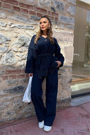 V Yaka Beli Kuşaklı Kot Kadın Gömlek & Pantolon Takım - Koyu Mavi
