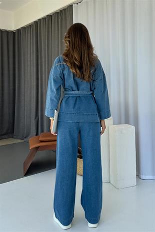 V Yaka Beli Kuşaklı Kot Kadın Gömlek & Pantolon Takım - Açık Mavi