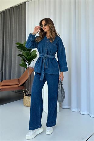V Yaka Beli Kuşaklı Kot Kadın Gömlek & Pantolon Takım - Koyu Mavi