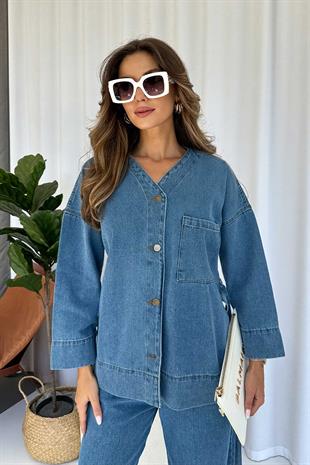 V Yaka Beli Kuşaklı Kot Kadın Gömlek & Pantolon Takım - Açık Mavi