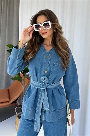 V Yaka Beli Kuşaklı Kot Kadın Gömlek & Pantolon Takım - Açık Mavi