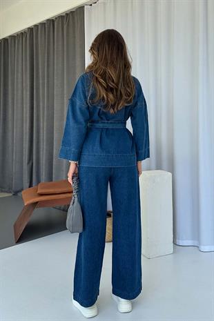 V Yaka Beli Kuşaklı Kot Kadın Gömlek & Pantolon Takım - Koyu Mavi