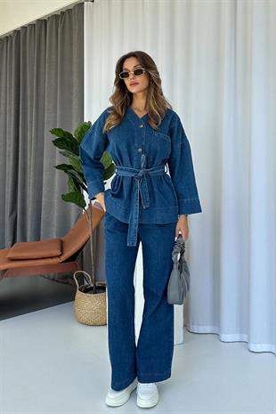 V Yaka Beli Kuşaklı Kot Kadın Gömlek & Pantolon Takım - Koyu Mavi
