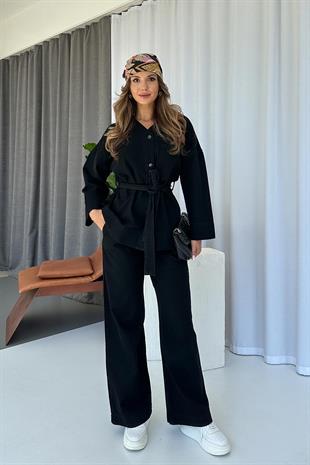 V Yaka Beli Kuşaklı Kot Kadın Gömlek & Pantolon Takım - Siyah