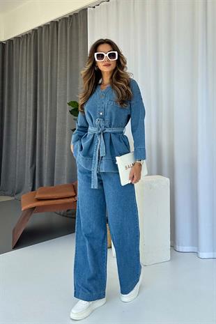 V Yaka Beli Kuşaklı Kot Kadın Gömlek & Pantolon Takım - Açık Mavi