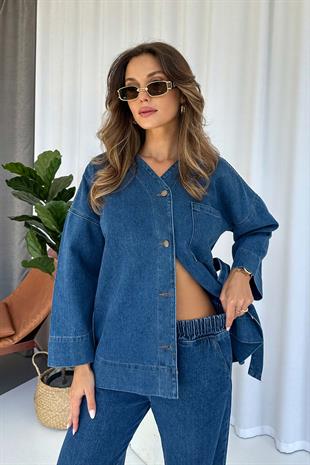 V Yaka Beli Kuşaklı Kot Kadın Gömlek & Pantolon Takım - Koyu Mavi