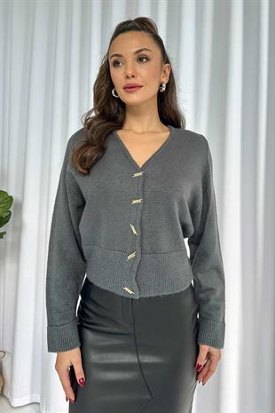 V Yaka Biyeli Hırka - Gri