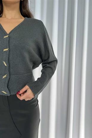 V Yaka Biyeli Hırka - Gri