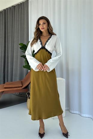 V Yaka Dantel Detaylı Kadın Elbise - Haki