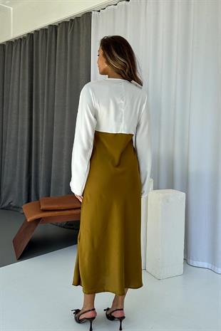 V Yaka Dantel Detaylı Kadın Elbise - Haki