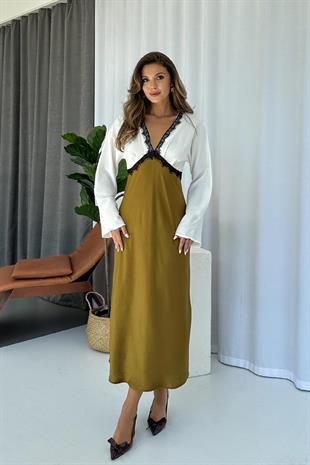 V Yaka Dantel Detaylı Kadın Elbise - Haki