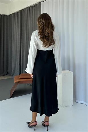 V Yaka Dantel Detaylı Kadın Elbise - Siyah