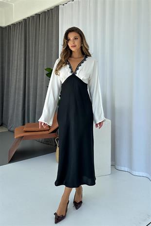 V Yaka Dantel Detaylı Kadın Elbise - Siyah