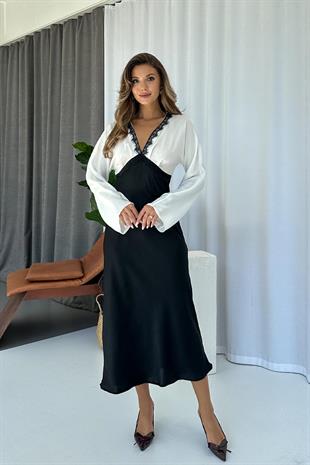 V Yaka Dantel Detaylı Kadın Elbise - Siyah