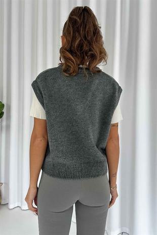 V Yaka Düz Süveter - Antrasit