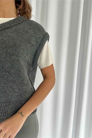 V Yaka Düz Süveter - Antrasit