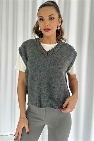 V Yaka Düz Süveter - Antrasit