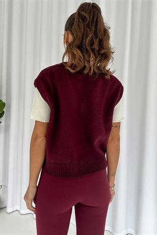 V Yaka Düz Süveter - Bordo