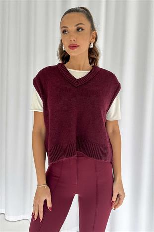 V Yaka Düz Süveter - Bordo