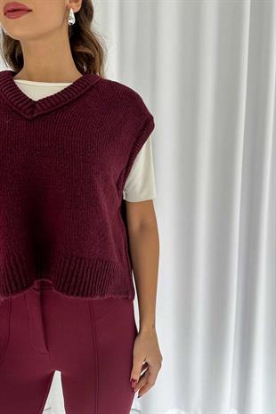 V Yaka Düz Süveter - Bordo