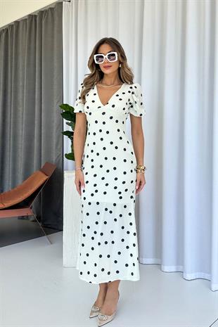 V Yaka Kısa Kol Puantiye Kadın Elbise - Beyaz