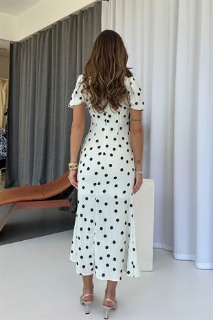 V Yaka Kısa Kol Puantiye Kadın Elbise - Beyaz