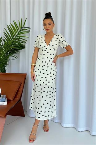 V Yaka Kısa Kol Puantiye Kadın Elbise - Beyaz