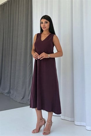V Yaka Pike Detaylı Kadın Elbise - Bordo