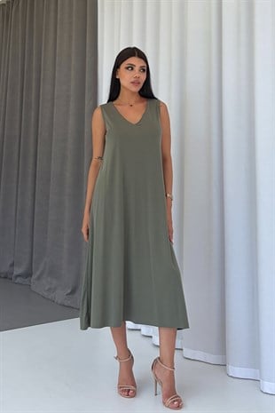 V Yaka Pike Detaylı Kadın Elbise - Yeşil