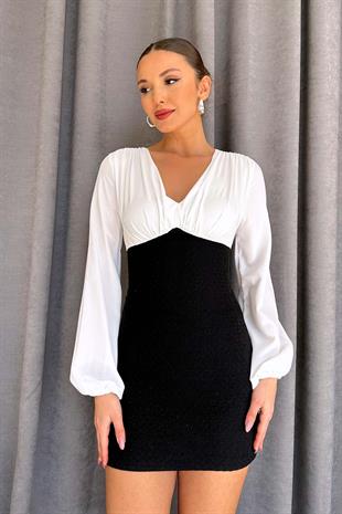 V Yaka Şifon Detaylı Kadın Elbise - Siyah