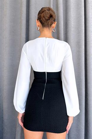 V Yaka Şifon Detaylı Kadın Elbise - Siyah