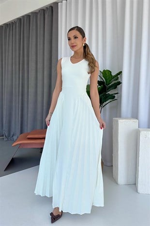 V  Yaka Yandan Piliseli Kadın Elbise - Beyaz