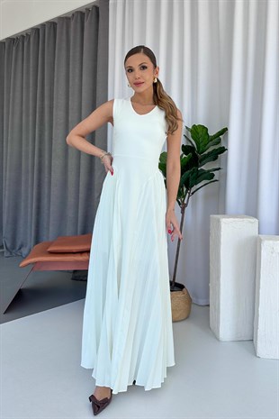 V  Yaka Yandan Piliseli Kadın Elbise - Beyaz