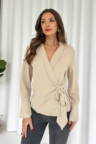 Vatka Detaylı Şık Kadın Bluz - Bej